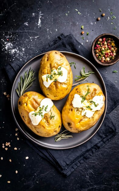 Des pommes de terre cuites au four avec des herbes de fromage et du beurre à fond noir