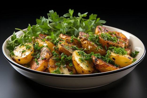 pommes de terre cuites et persil sur une assiette blanche