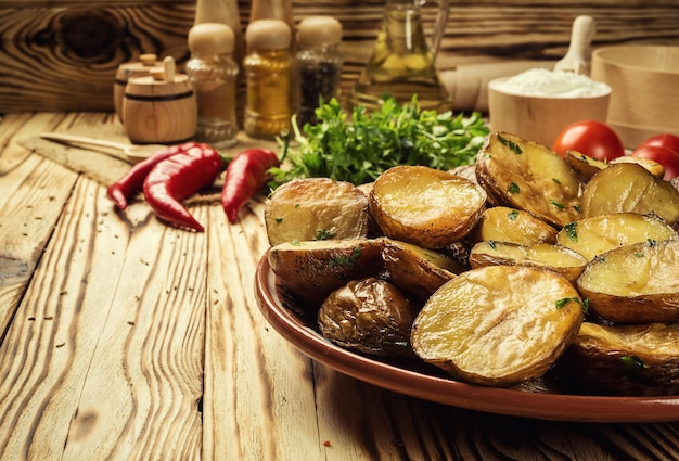 Photo pommes de terre cuites à la vapeur avec du sel de mer et du romarin dans un bol sur une table en bois se bouchent