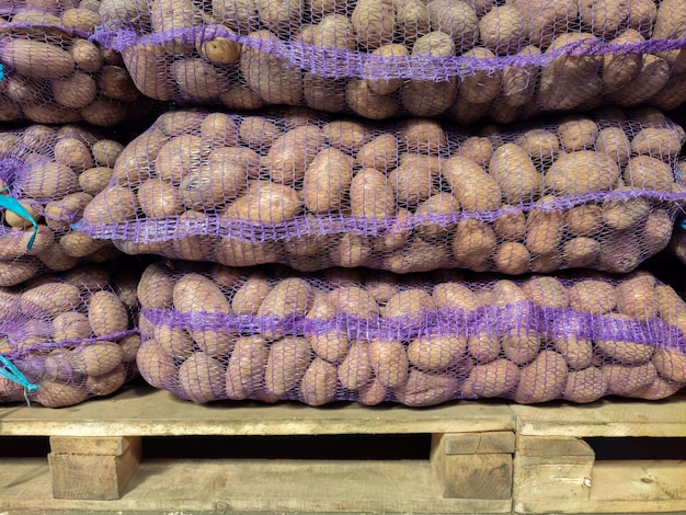 Pommes de terre dans des sacs en filet sur des palettes à vendre au marché des agriculteurs Commerce de légumes