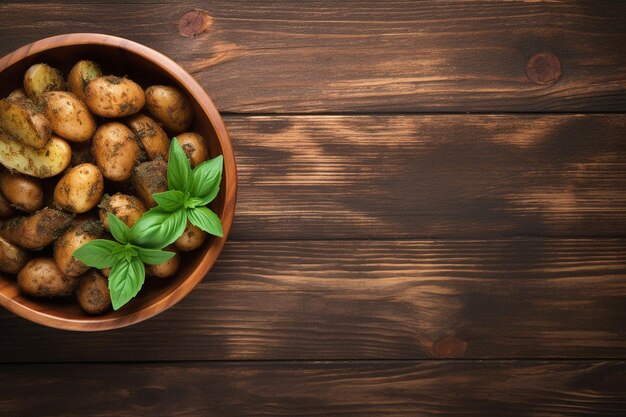 Photo des pommes de terre écrasées cuites à l'huile avec des herbes à l'arrière-plan en bois.