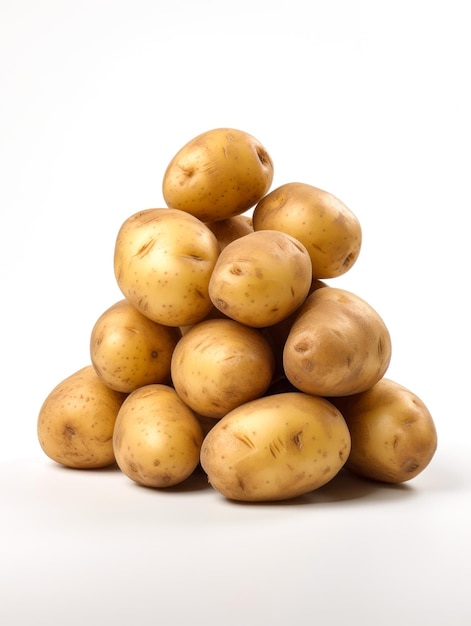 Pommes de terre empilées dans une pyramide sur fond blanc AI générative