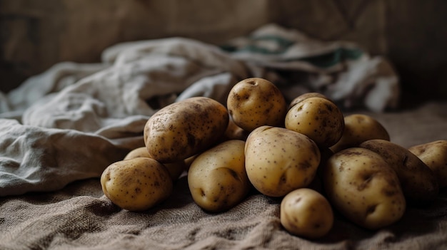 Des pommes de terre fraîchement creusées sur une table en bois de style rustique