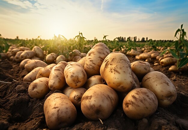 Des pommes de terre fraîches au sol et dans le champ avec des plantes en arrière-plan