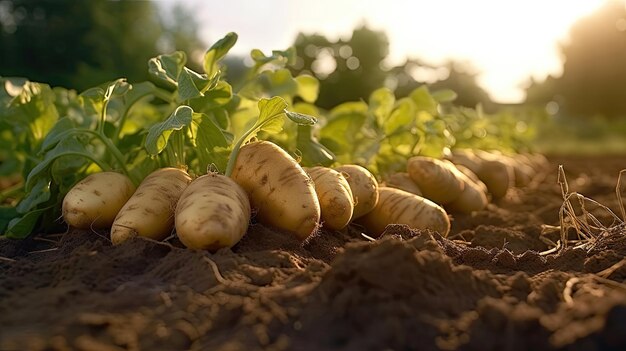 Pommes de terre fraîches au sol dans un champ végétal Ai générative