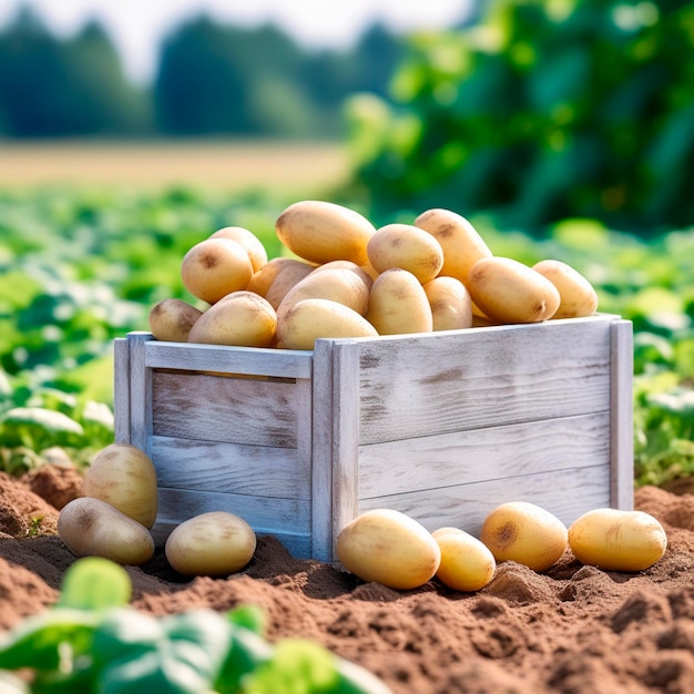 Des pommes de terre fraîches dans une boîte en bois sur le sol dans le jardin sur le fond du champ