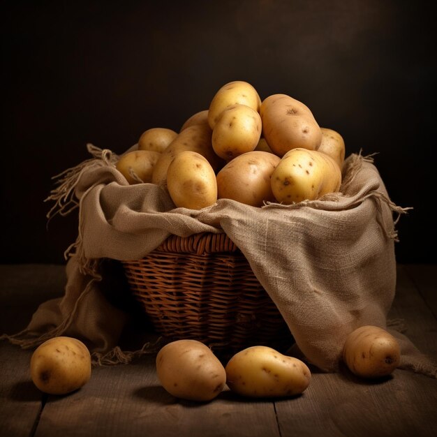 Photo des pommes de terre fraîches dans un panier en osier sur un sac brun