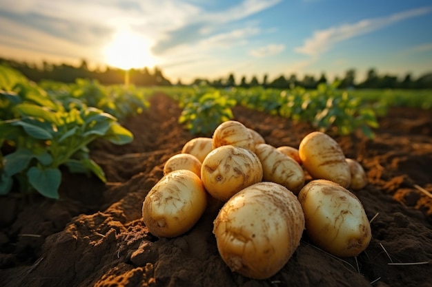 Des pommes de terre fraîches sur le sol de la ferme Générer avec Ai