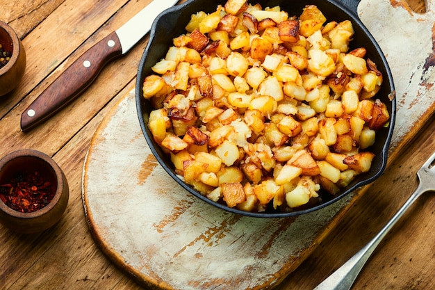 Pommes de terre frites appétissantes.Pommes de terre rôties sur la poêle en fonte