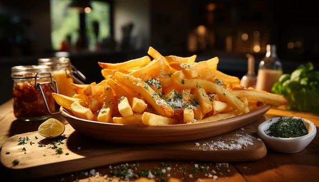 Pommes de terre frites dorées avec sauce et herbes sur table en bois dans la cuisine