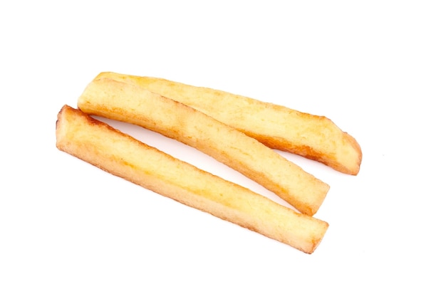 Pommes de terre frites françaises isolées sur fond blanc naturel savoureux