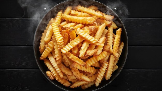 Photo des pommes de terre frites frites dans une casserole à fond en bois noir vue supérieure