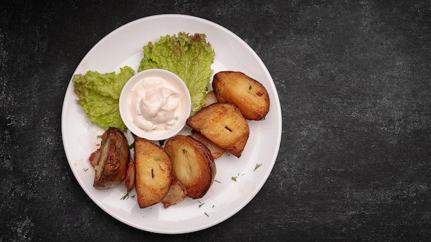 Pommes de terre frites maison avec sauce sur fond sombre