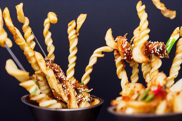 Pommes de terre frites sous forme de spirale sur des brochettes en bois avec des légumes verts et des épices illustration 3d