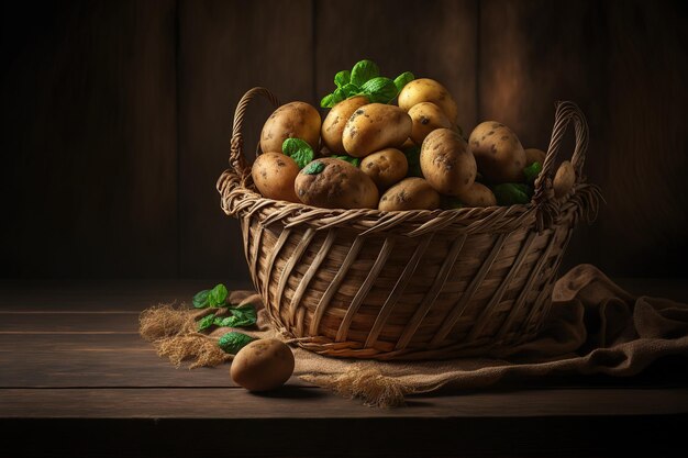 Pommes de terre grelots fraîches non cuites dans un panier sur fond de bois