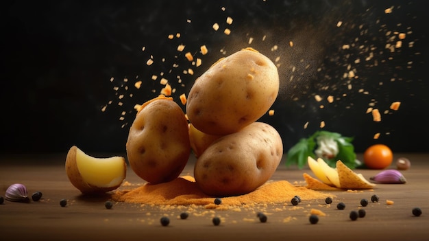 Photo des pommes de terre avec des ingrédients de mélange d'épices pour la cuisson sur une table isolée sur un fond de studio