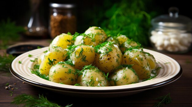 Photo des pommes de terre jeunes bouillies avec du persil d'aneth et des oignons