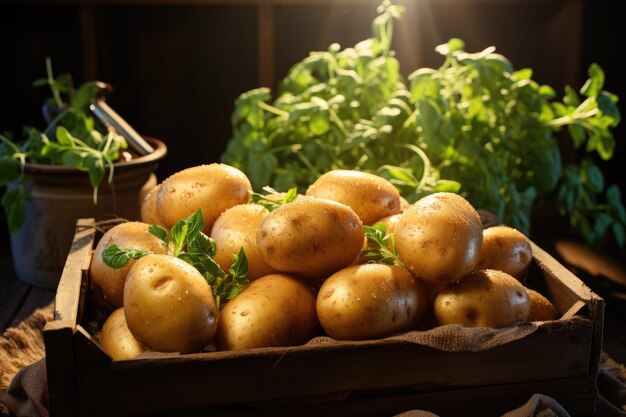 Des pommes de terre mûres dans une boîte en bois IA générative