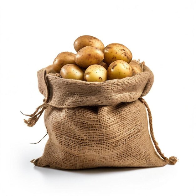 Photo pommes de terre neuves dans un sac de sac isolé sur un fond blanc