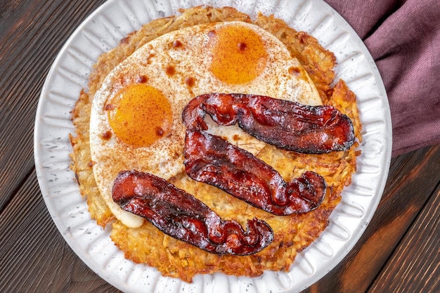 Pommes de terre rissolées avec oeuf et bacon