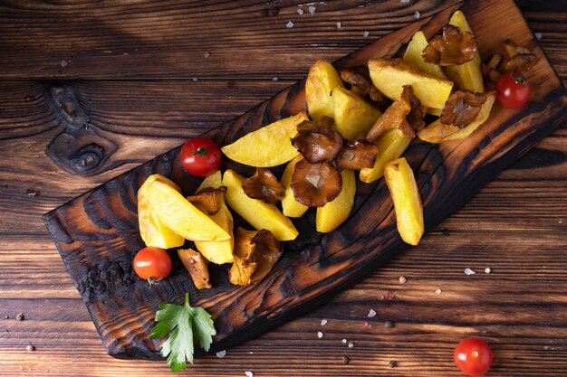 Pommes de terre sautées aux girolles sur planche de bois sur la table