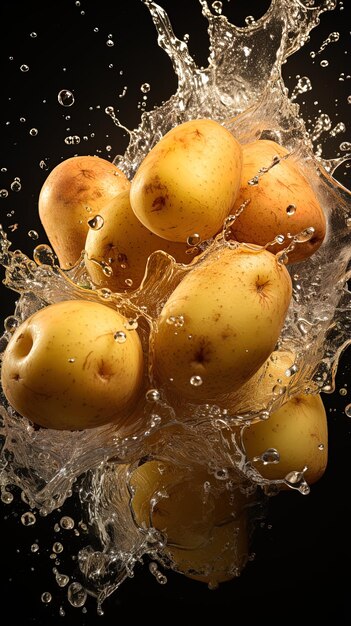 Photo les pommes de terre sont dans un seau d'eau avec des gouttes d'eau