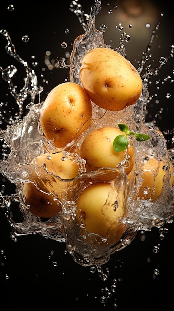 Photo les pommes de terre sont éclaboussées d'eau et d'un fond noir