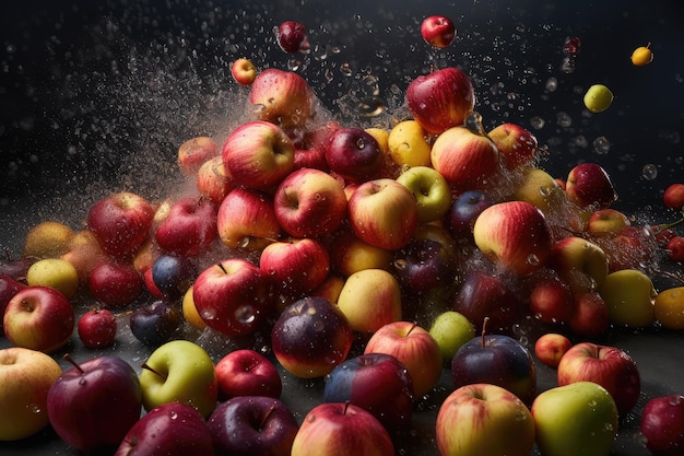 Des pommes tombent avec de l'eau, des éclaboussures, des fruits mûrs délicieux volant sur un fond sombre, de nombreux fruits sucrés lavés.