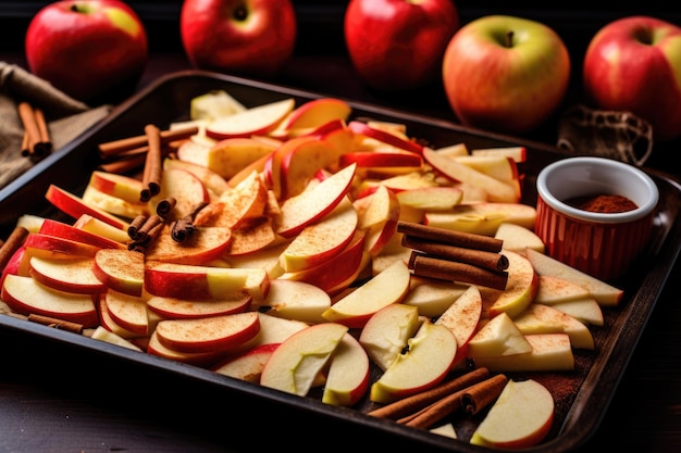 Des pommes tranchées et des bâtons de cannelle sur un plateau