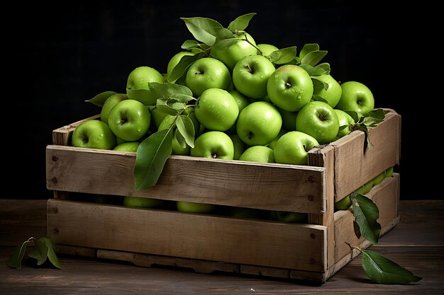 Pommes vertes dans une caisse en bois Pommes vertes fraîches