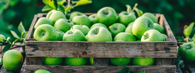 Pommes vertes fraîches sur des boîtes en bois dans le jardin Focus sélectif IA générative