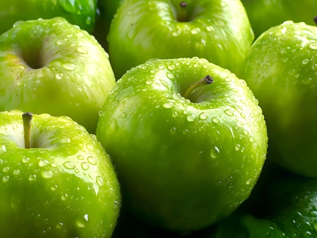 Photo des pommes vertes fraîches avec des gouttes d'eau de près