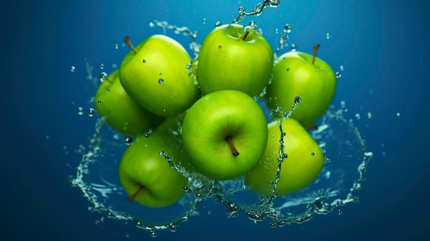 Des pommes vertes fraîches tombent dans l'eau avec une éclaboussure sur fond bleu Generative AI