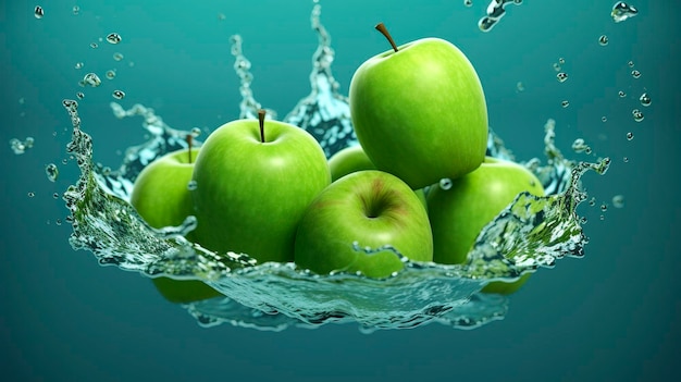 Des pommes vertes fraîches tombent dans l'eau avec une éclaboussure sur fond bleu Generative AI