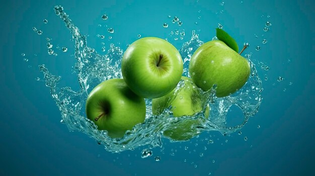 Des pommes vertes fraîches tombent dans l'eau avec une éclaboussure sur fond bleu Generative AI