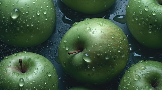 Pommes vertes avec des gouttelettes d'eau sur le dessus