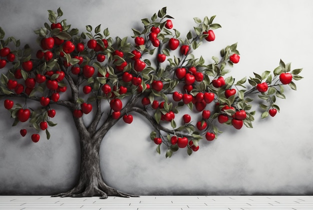 un pommier sur fond gris avec des branches et des fruits dans le style photoréaliste