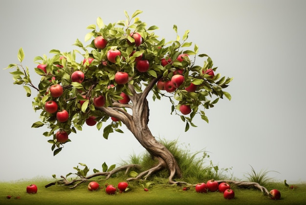 un pommier sur fond gris avec des branches et des fruits dans le style photoréaliste