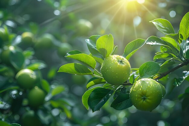 Un pommier avec des pommes vertes