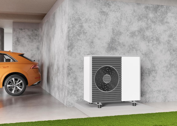 Photo pompe à chaleur à air debout à l'extérieur chauffage moderne respectueux de l'environnement économisez de l'argent avec la pompe à air les pompes à chaleur à air sont une source d'énergie efficace et renouvelable rendu 3d