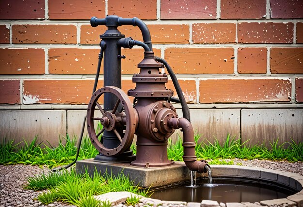 Photo une pompe à eau obsolète accompagnée de tuyaux et de soupapes servant à la distribution de l'eau