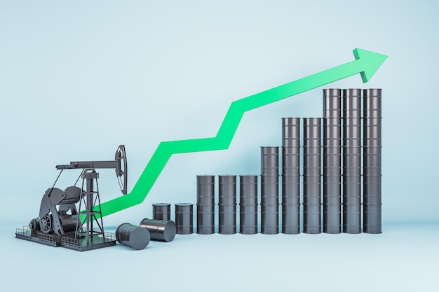 Pompe à huile et barils avec flèche verte montante sur fond blanc Concept de croissance et d'économie Rendu 3D