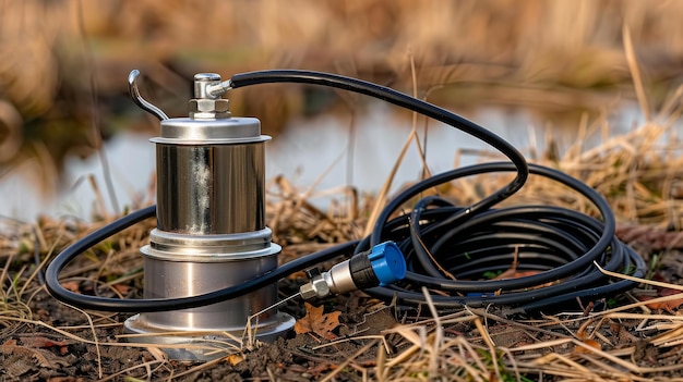 Photo pompe de puits avec un long câble noir sur le fond de l'herbe vieille pompe avec câble d'alimentation et externe