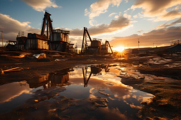 Pompes à pétrole pétrole et gaz naturel extraits au coucher du soleil