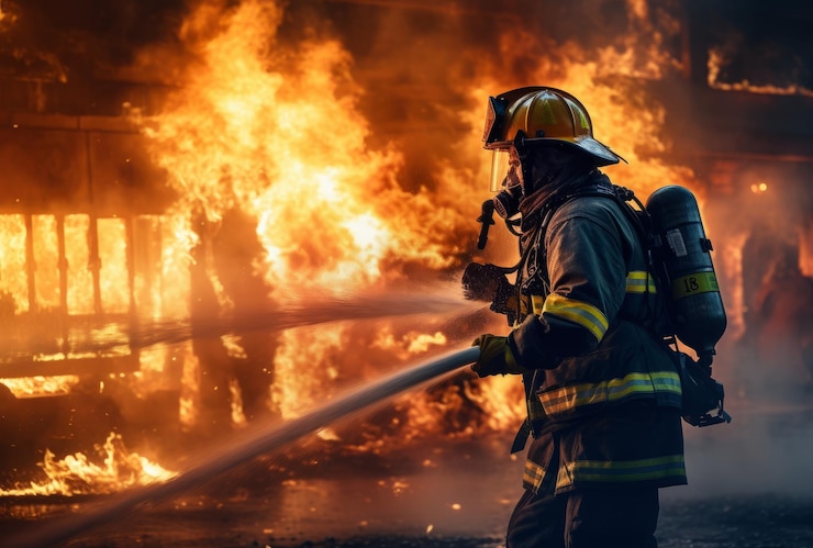 Photo pompier en action combattant un incendie dans une maison ou un bureau en feu