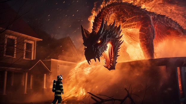 Un pompier affronte courageusement un sinistre dragon de feu au milieu d'un incendie de maison symbolisant une lutte héroïque.