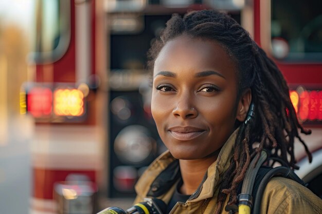 Une pompier afro-américaine en uniforme au travail debout près d'un camion de pompiers en attente d'un appel