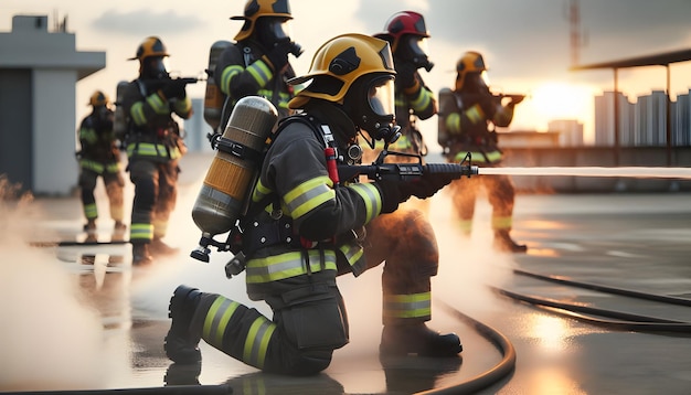 Un pompier authentique en pleine épreuve lors d'un entraînement quotidien dans un environnement de travail réaliste
