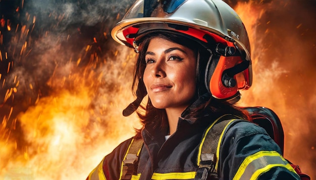 Photo un pompier avec un casque devant le feu, épuisé