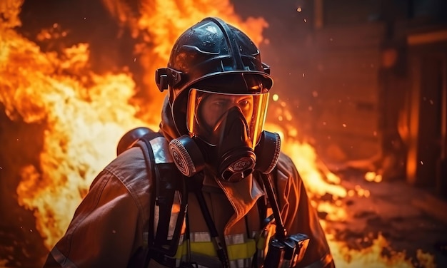 Pompier avec casque et masque lors d'un incendie